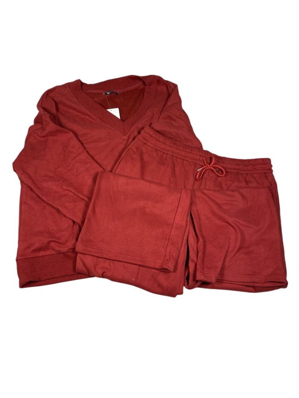 Pretty Garden Red Loungewear Set Elastic Waist Pants V-Neck Crewneck Cotton XL